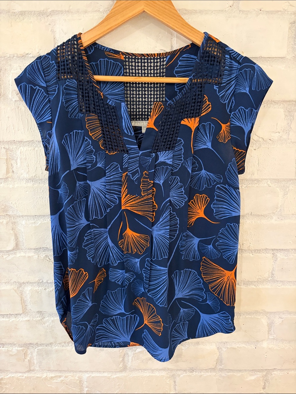 Daniel Rainn Navy Blue Floral V-Neck Cap Sleeve Top with Orange Accents (B5)